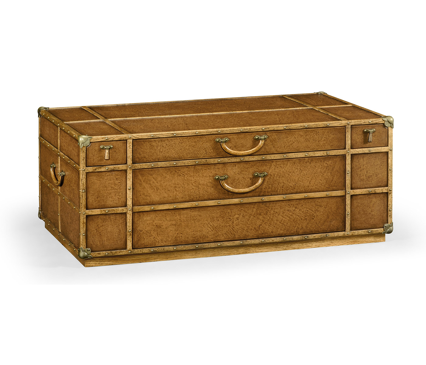 Travel trunk style coffee table with storage and brown leather