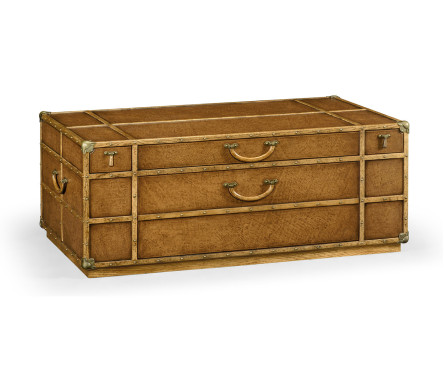 Travel trunk style coffee table with storage and brown leather