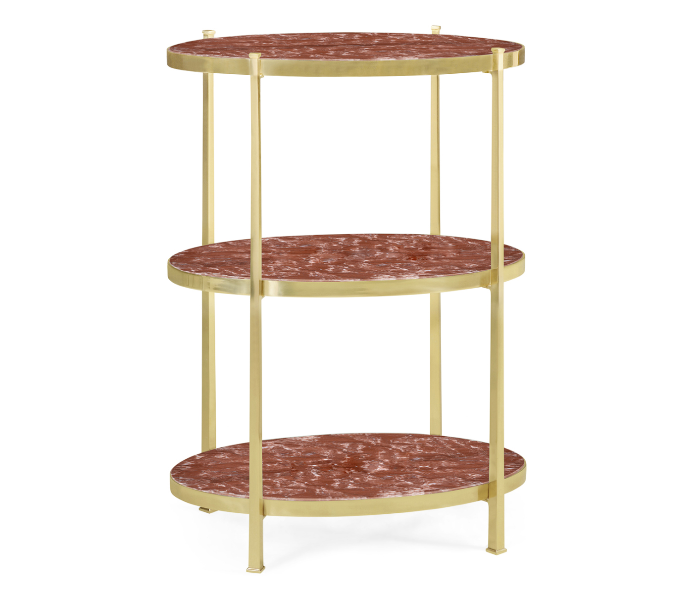 Large Solid Brass & Red Brazil Marble Three-Tier End Table