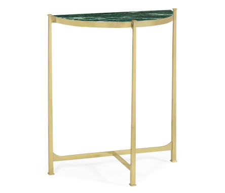 Small Solid Brass & Green Napoly Marble Top Demilune Console Table