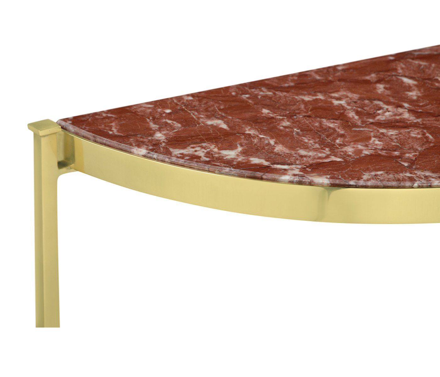 Small Solid Brass & Red Brazil Marble Top Demilune Console Table