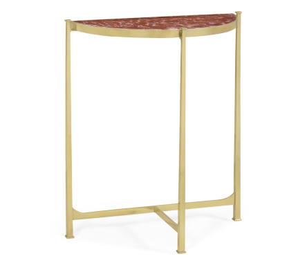 Small Solid Brass & Red Brazil Marble Top Demilune Console Table