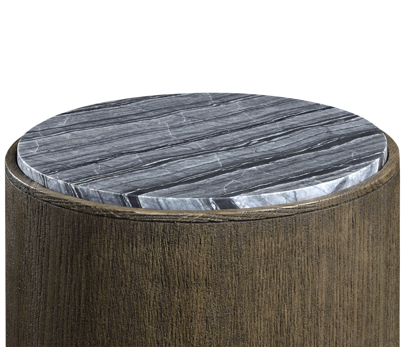 Round Oak End Table with a Grey Marble Top