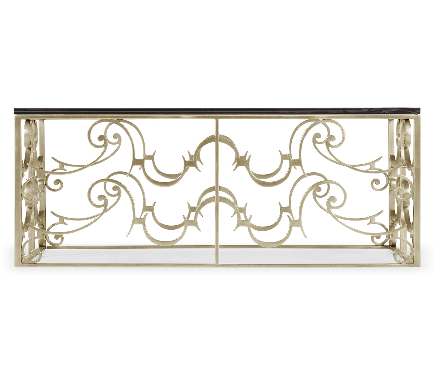 Rectangular Arabesque Silver-Leaf Iron Coffee Table with 20mm Clear Glass Top