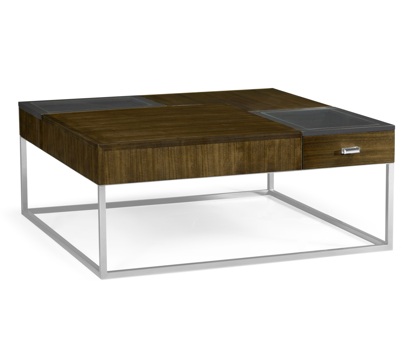Square Autumn Walnut Coffee Table with Two Glass Top Drawers