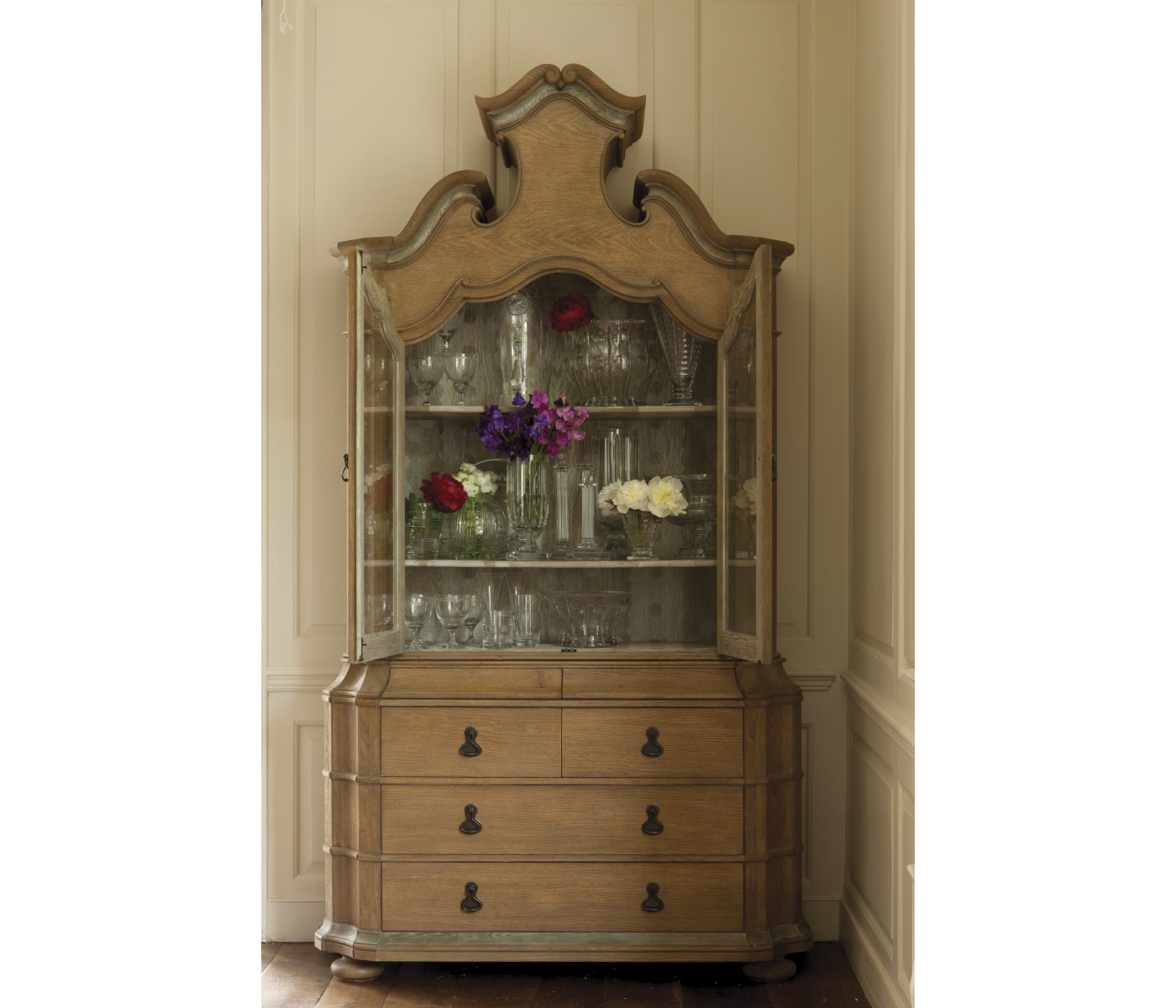 Oulton Vintage Oak Cabinet with Glass Doors & Wooden Shelves