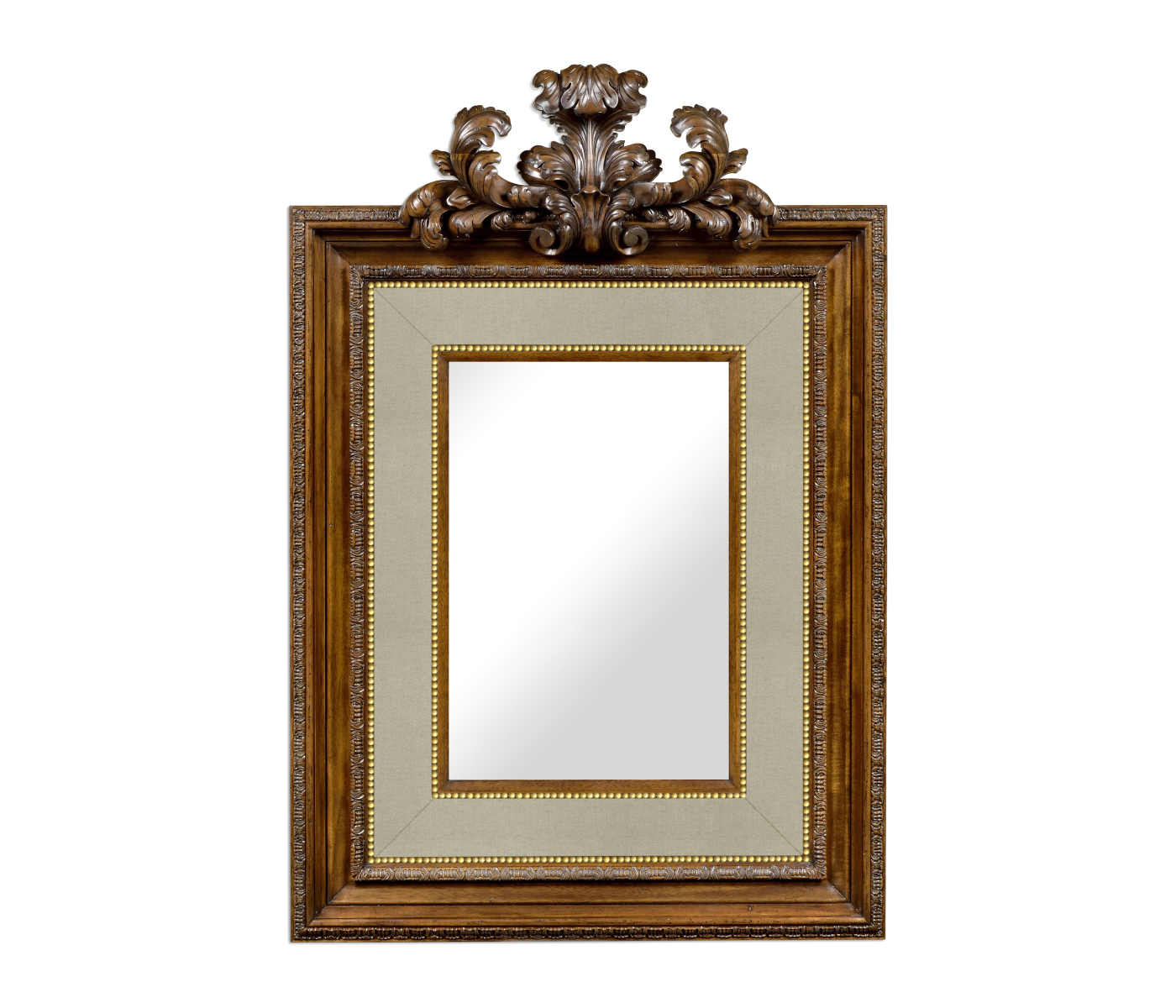 Large Carved Honey Walnut Mirror, Upholstered in MAZO