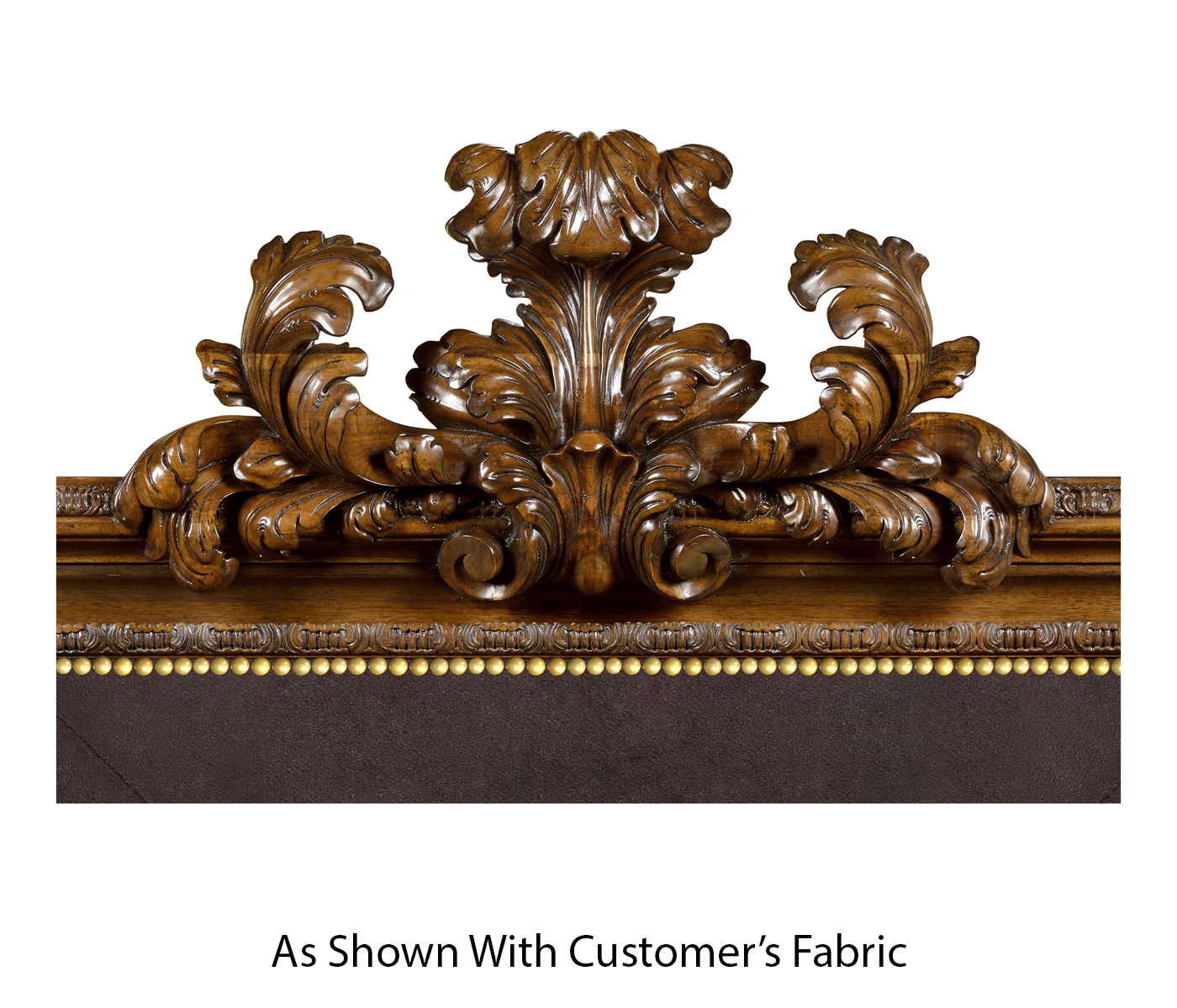 Large Carved Honey Walnut Mirror, Upholstered in COM
