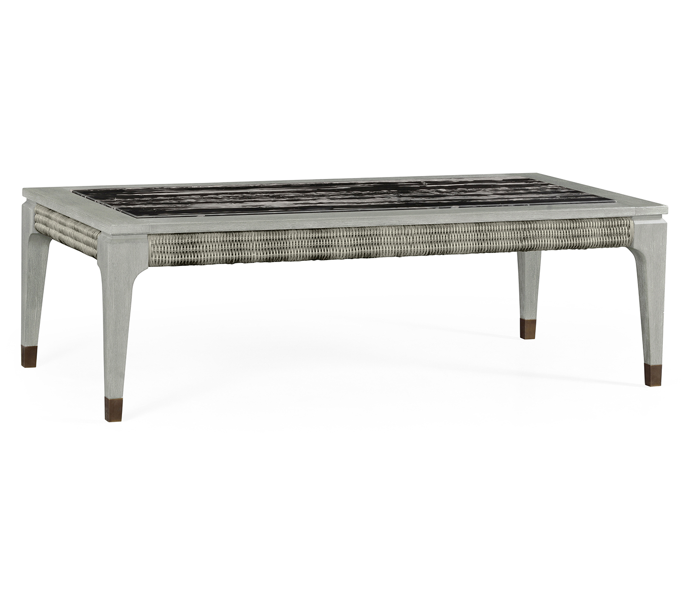 Rectangular Cloudy Grey & Rattan Coffee Table with a Black Marble Top
