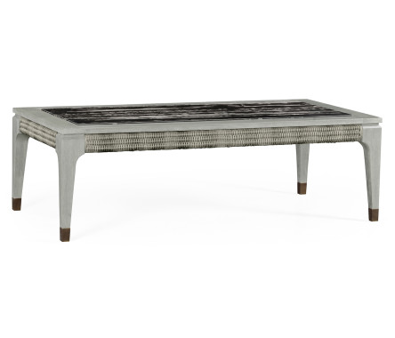 Rectangular Cloudy Grey & Rattan Coffee Table with a Black Marble Top
