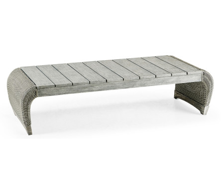 Rectangular Cloudy Grey & Rattan Cocktail Table with Curved Ends