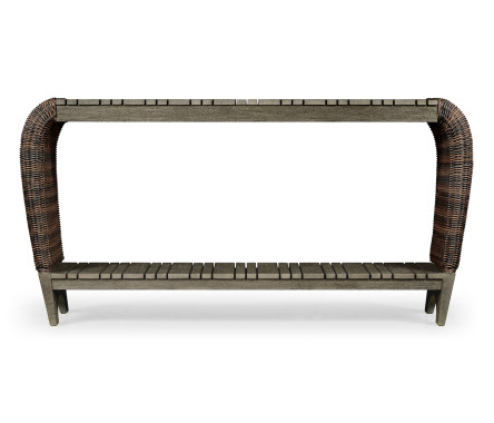 Rectangular Grey & Rattan Console Table with Curved Ends